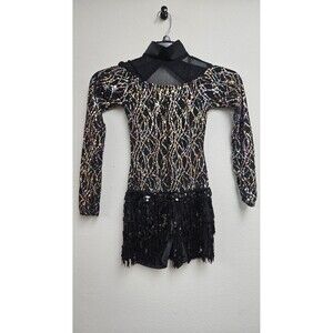 Weissman Dance Leotard Dress Womens Small Black Sequin Fringe Long Sleeve 12949